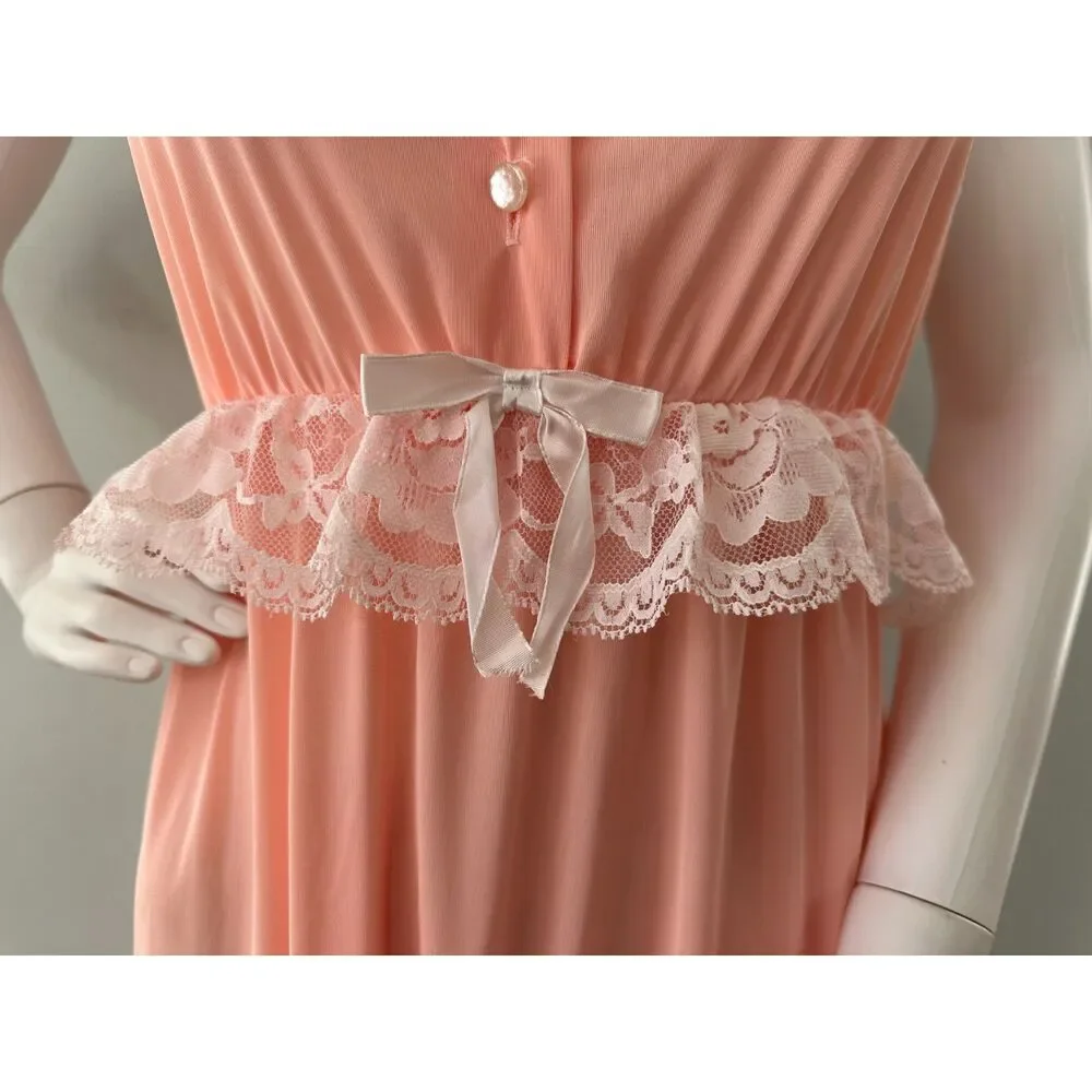 Vintage Peach Pink Lace Nightgown Maxi Dress Empire Waist Romantic Lingerie sz L